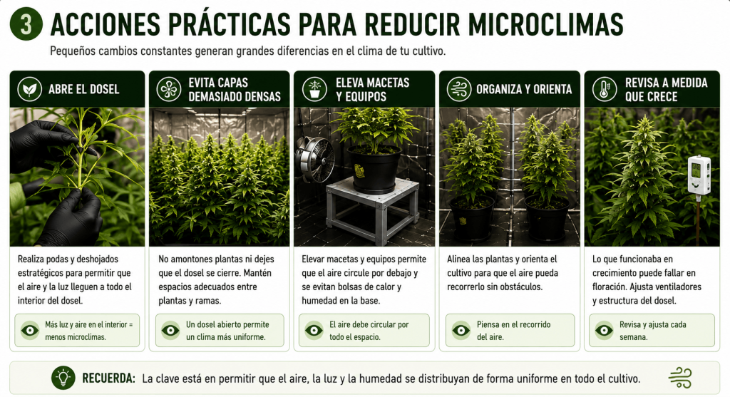 Acciones prácticas para reducir microclimas mediante poda, separación de plantas y mejora de la circulación del aire