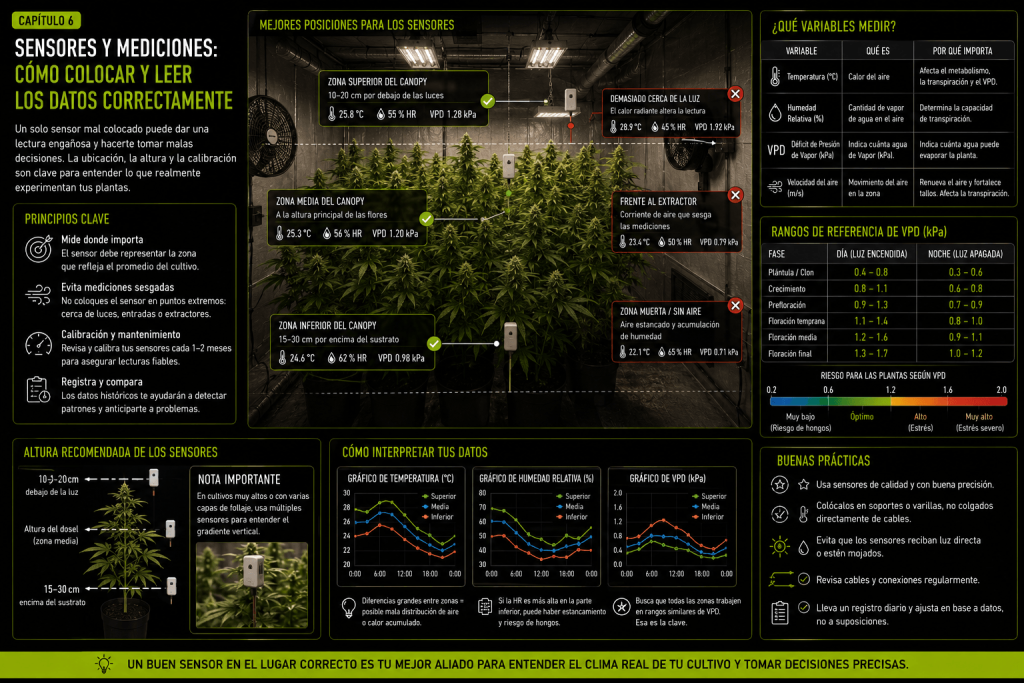 Colocación correcta de sensores de temperatura y humedad para medir de forma representativa el clima del cultivo indoor.
