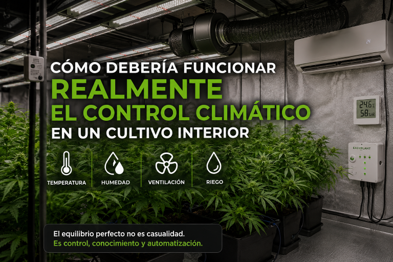 Control climático automatizado en cultivo de cannabis con sensores de temperatura, humedad, extracción y ventilación.