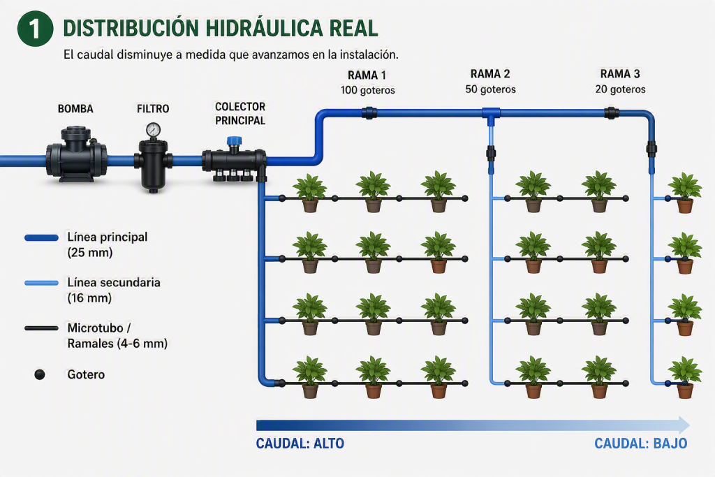 Ejemplo de distribución hidráulica en un sistema de riego donde el caudal disminuye progresivamente a medida que se divide entre diferentes ramales.