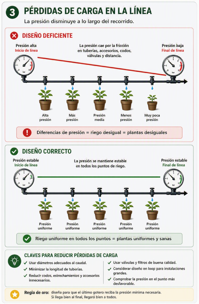 Comparativa entre una instalación con pérdidas de carga excesivas y un diseño optimizado que mantiene una presión uniforme en todos los puntos de riego.