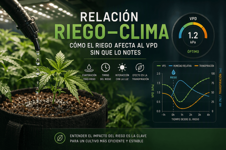 Infografía sobre la relación entre el riego y el clima en un cultivo indoor, mostrando cómo el riego modifica la humedad, el VPD y la transpiración de las plantas.