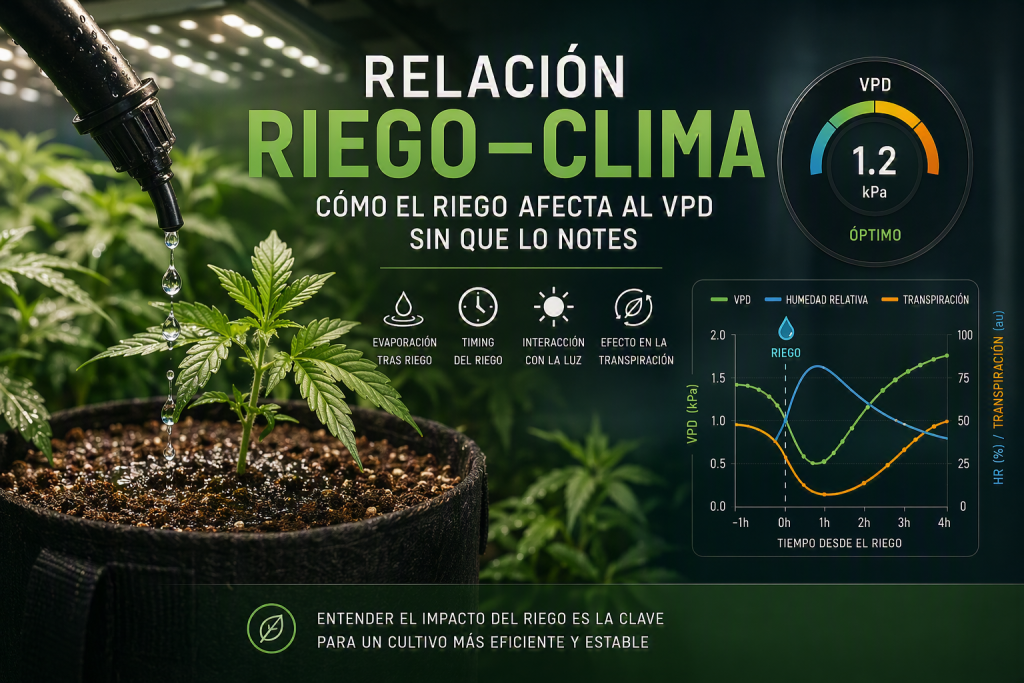 Relación entre el riego y el clima en un cultivo de interior, mostrando cómo el riego modifica la humedad, el VPD y la transpiración de la planta.