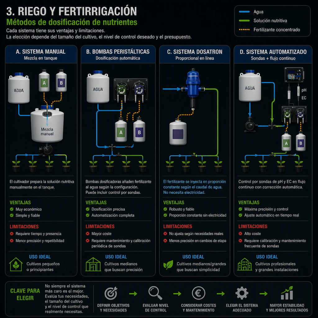 Sistema automatizado de riego y fertirrigación con gestión de tanques, dosificación automática y control de válvulas.