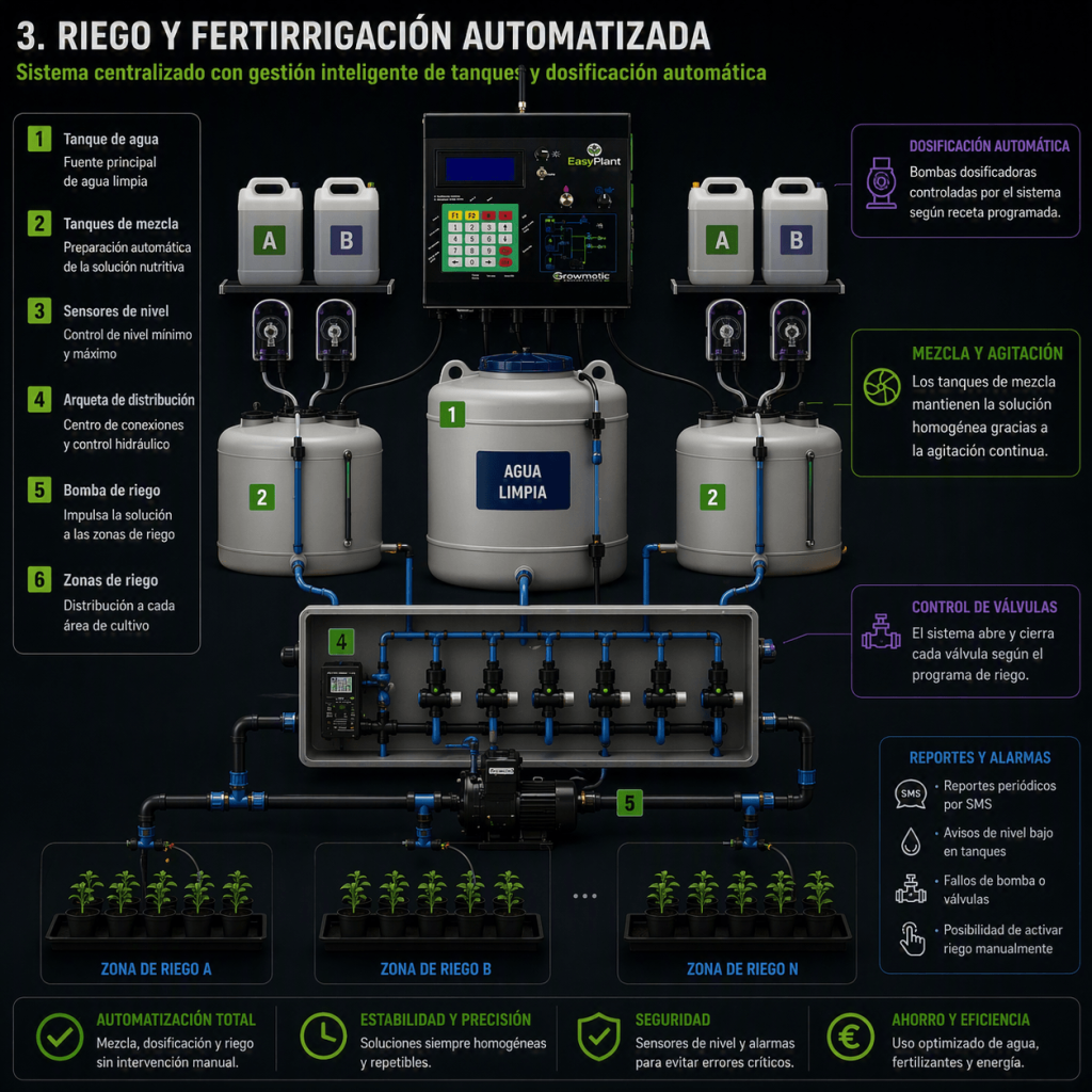 Sistema automatizado de riego y fertirrigación con gestión de tanques, dosificación automática y control de válvulas.