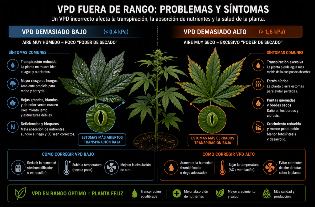 Síntomas de un VPD en cannabis demasiado alto o demasiado bajo 