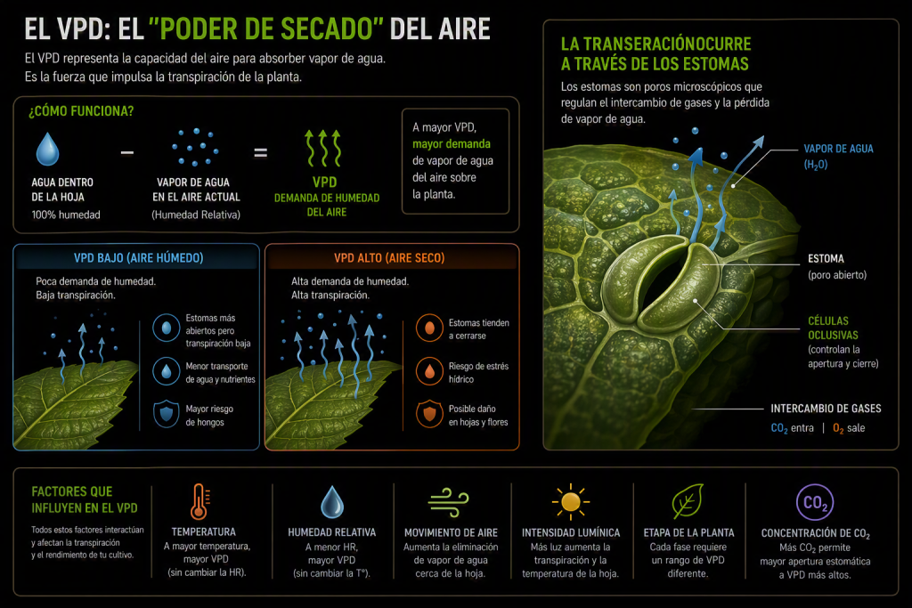 Relación entre VPD, humedad y transpiración en cannabis
