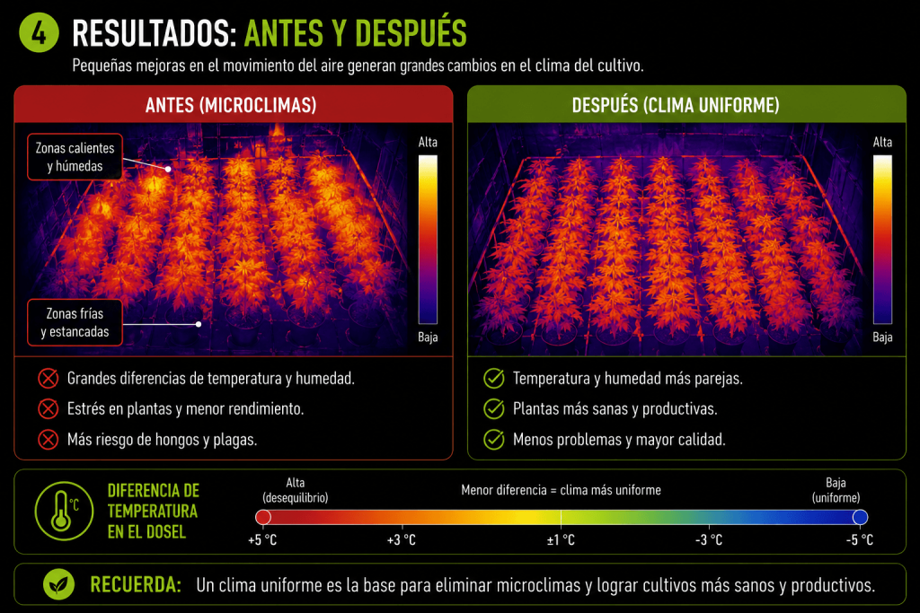 Comparativa entre un cultivo con microclimas marcados y otro con un clima uniforme tras optimizar la ventilación.