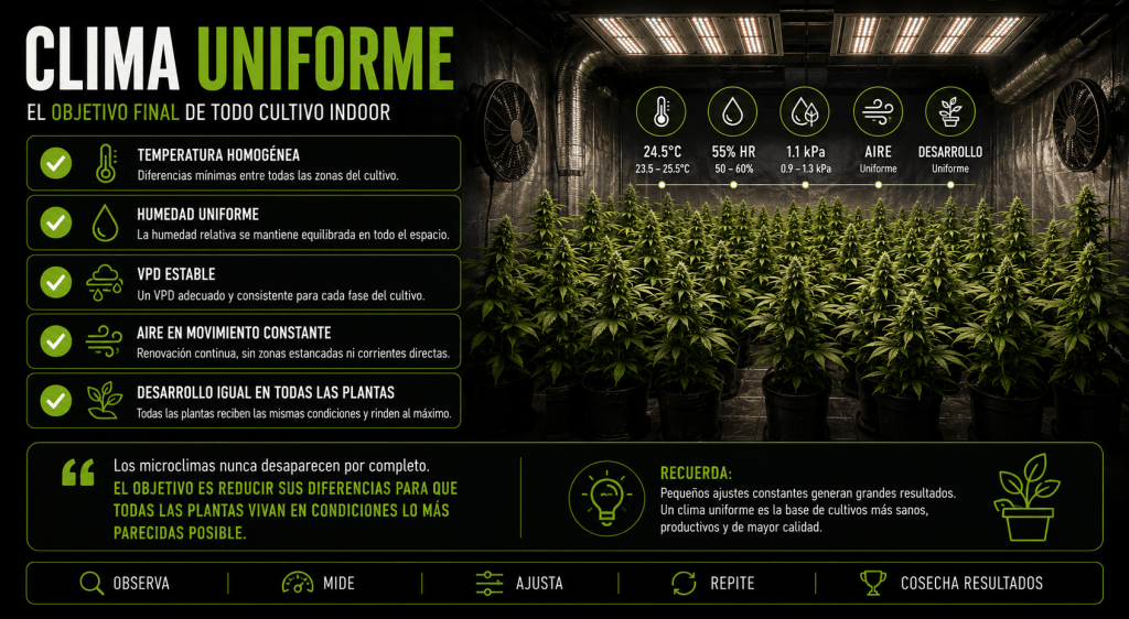 Objetivo final del control climático: mantener una temperatura, humedad y VPD homogéneos en todo el cultivo indoor.