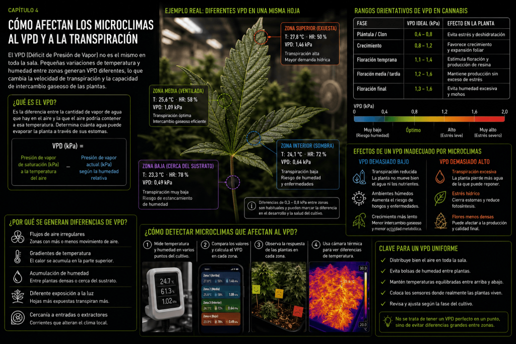 Infografía que explica cómo los microclimas modifican el VPD y la transpiración en un cultivo indoor, afectando al intercambio gaseoso y al desarrollo de las plantas.