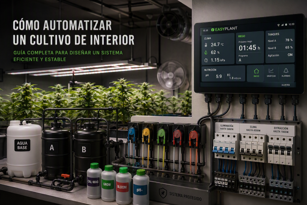 Sistema automatizado de cultivo interior con control climático, fertirrigación automática y cuadro eléctrico integrado