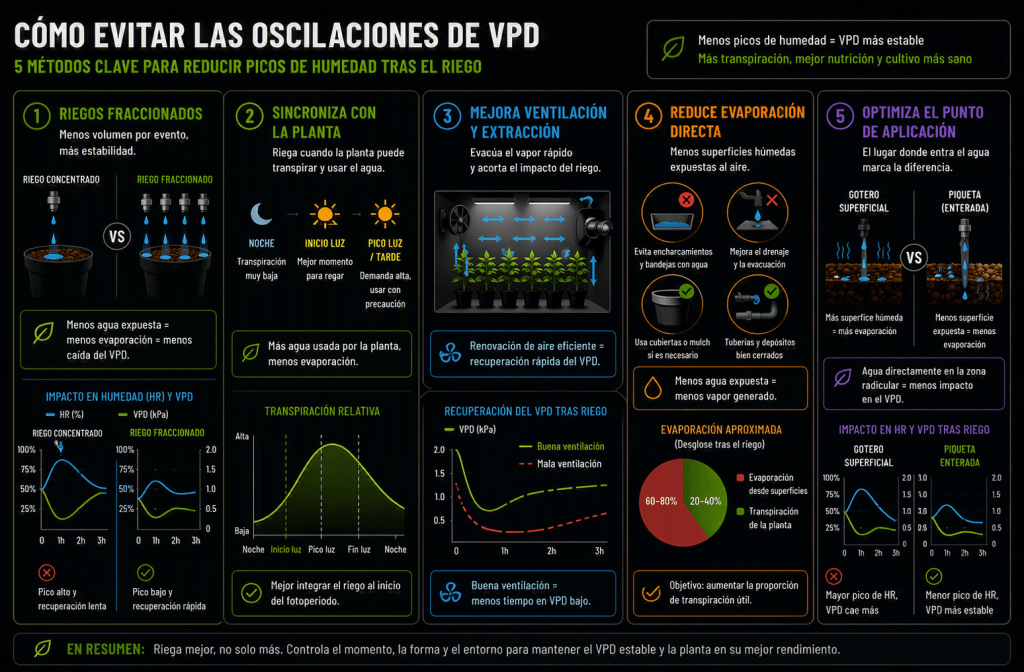 Estrategias para reducir la evaporación tras el riego y mantener un VPD más estable.