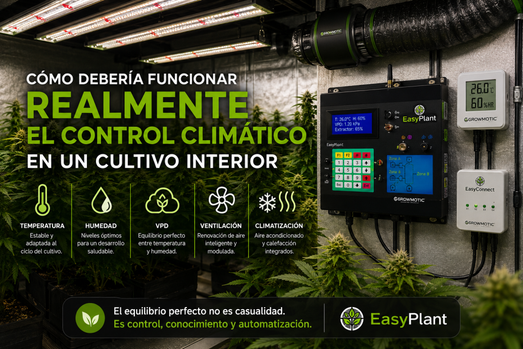 Control climático automatizado para cultivo interior mediante temperatura, humedad, VPD, ventilación y climatización coordinadas.