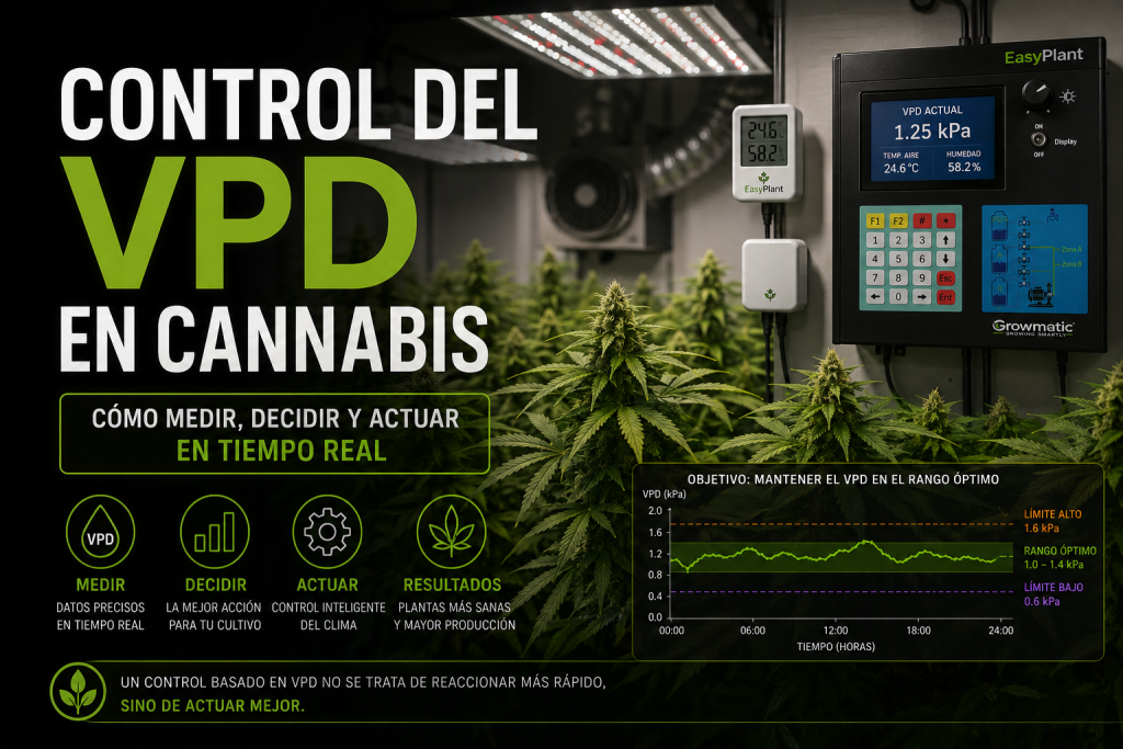 Sistema de control del VPD en cannabis en tiempo real con sensores de temperatura y humedad en cultivo indoor.