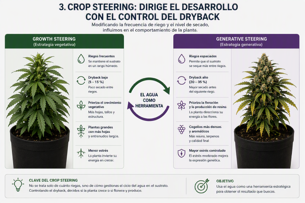 Crop steering mediante el control del dryback en cultivo de cannabis