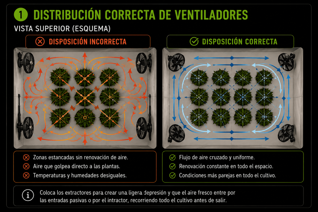 Distribución correcta de ventiladores para conseguir un movimiento uniforme del aire en un cultivo indoor.