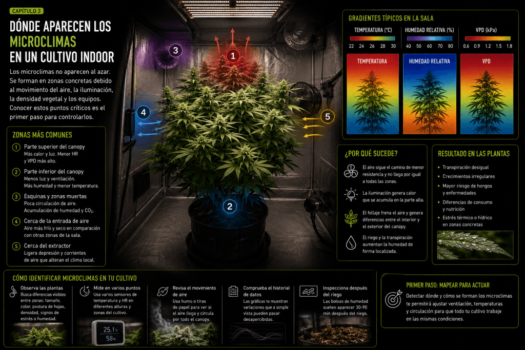 Infografía que explica dónde se forman los microclimas en un cultivo indoor y cómo las diferencias de temperatura, humedad y flujo de aire influyen en el crecimiento de las plantas.