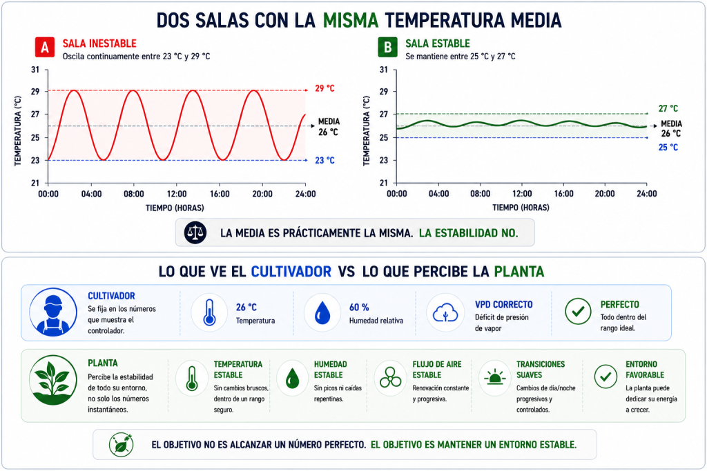 Comparación entre una sala con grandes oscilaciones de temperatura y otra con un clima estable, mostrando que la misma temperatura media no implica las mismas condiciones para las plantas.
