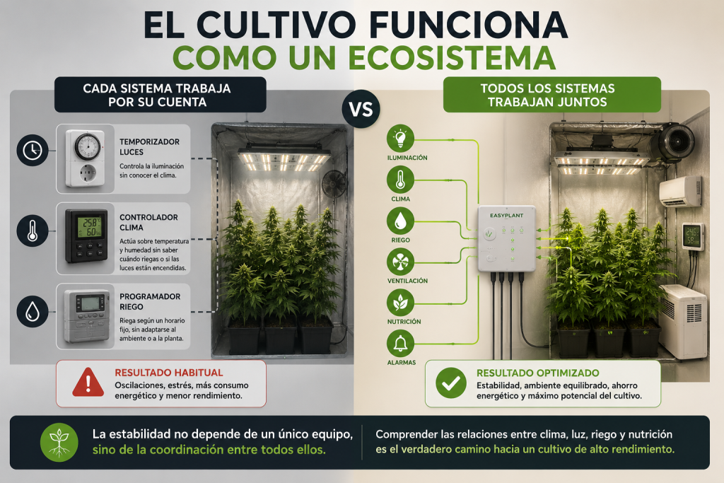 Comparación entre un cultivo donde iluminación, clima y riego funcionan de forma independiente y otro donde todos los sistemas trabajan coordinados para mantener la estabilidad ambiental.