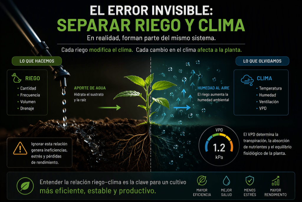 El riego modifica la humedad del aire y el VPD, demostrando que riego y clima forman parte del mismo sistema.