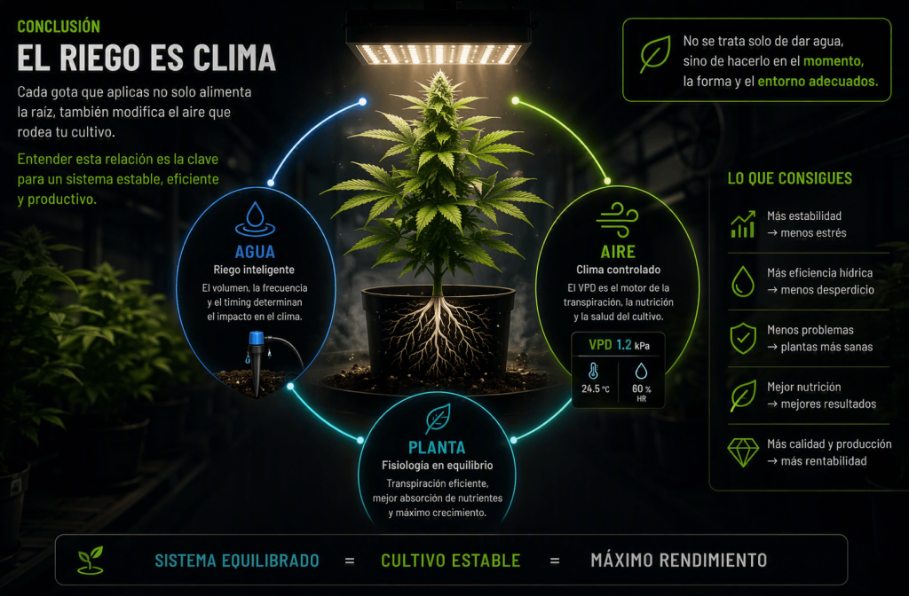 El riego y el control climático trabajan conjuntamente para mantener un cultivo estable y favorecer el máximo rendimiento de la planta.