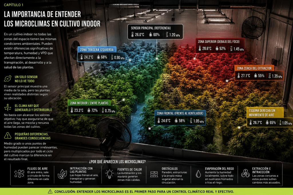 Diferencias de temperatura, humedad y VPD entre distintas zonas de un cultivo indoor pese a utilizar un único sensor ambiental.