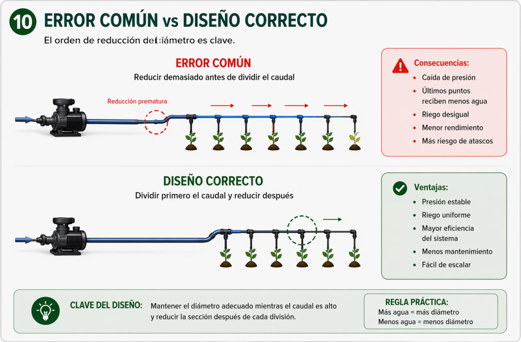 Ejemplo de error común al reducir el diámetro de la tubería demasiado pronto y diseño correcto para mantener presión y caudal.