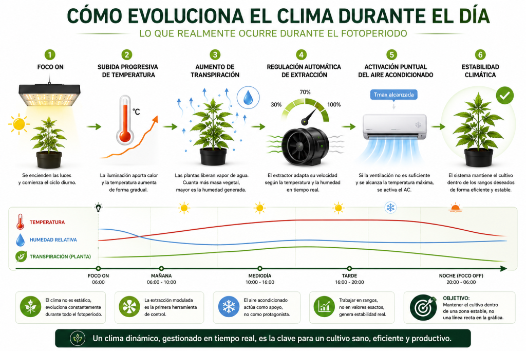 Evolución de la temperatura, humedad y transpiración de las plantas durante el fotoperiodo en un cultivo interior con ventilación y aire acondicionado automatizados.