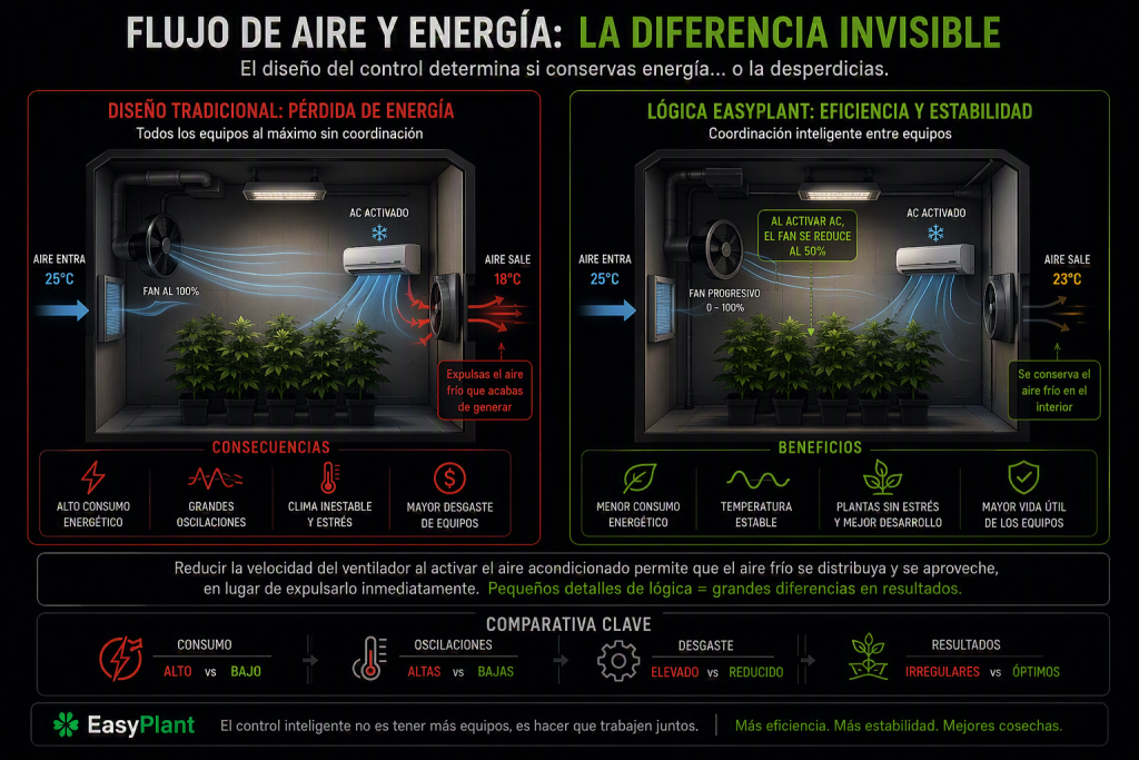 Flujo de aire y transferencia de energía en un cultivo indoor comparando un sistema tradicional con otro optimizado.