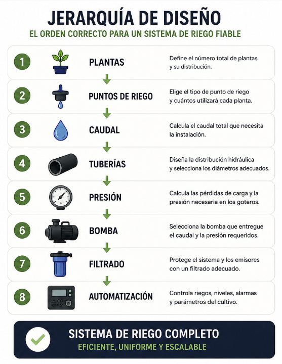 Ejemplo de cálculo del caudal necesario en un sistema de riego por goteo a partir del número de plantas, caudal de los goteros y tiempo de riego.