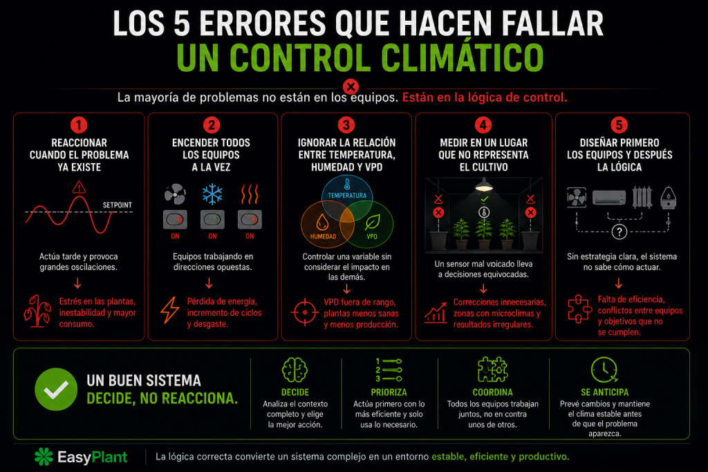 Resumen visual de los cinco errores más frecuentes al diseñar un sistema de control climático para cultivo interior.