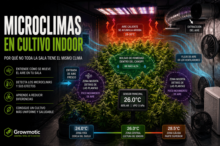 Ilustración de un cultivo indoor con diferentes microclimas, mostrando variaciones de temperatura, humedad y movimiento del aire que afectan al desarrollo de las plantas.
