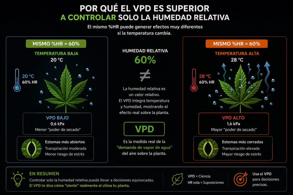 Diferencia entre humedad relativa y VPD en cannabis