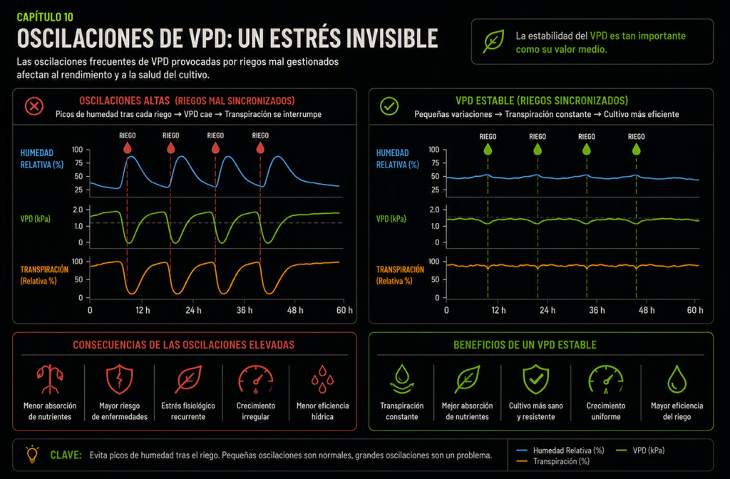 Comparación entre un cultivo con un VPD estable y otro con oscilaciones repetidas que generan estrés fisiológico.