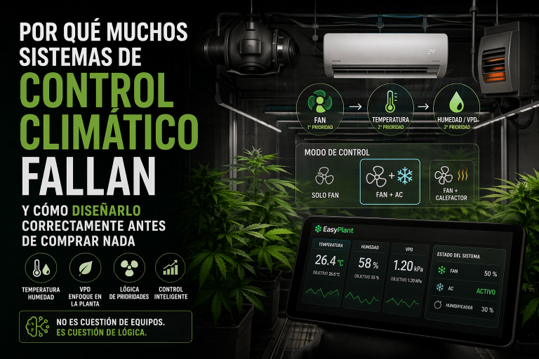 Ilustración sobre el control climático en un cultivo indoor, mostrando un sistema de automatización con sensores, pantalla de control y los modos de ventilación, aire acondicionado y calefacción para explicar por qué muchos sistemas de control climático fallan.