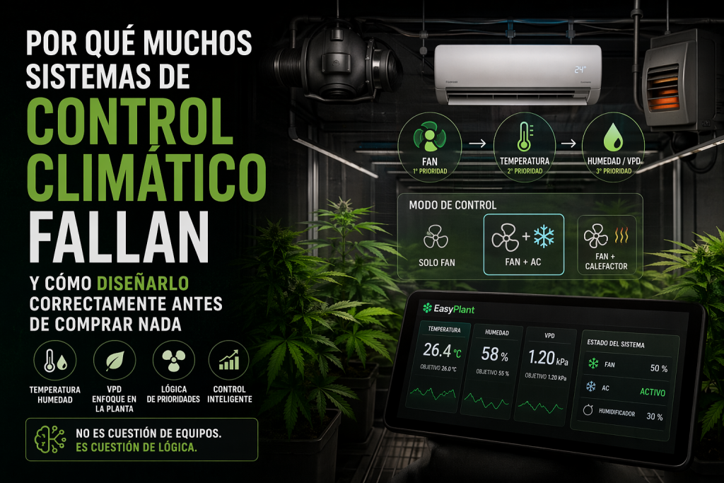 Sistema de control climático para cultivo indoor con ventilación, aire acondicionado, calefacción y control inteligente de temperatura, humedad y VPD.