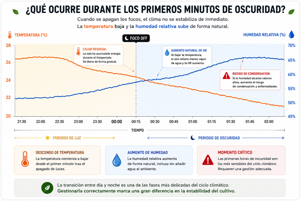 Evolución de la temperatura y la humedad relativa durante las primeras horas de oscuridad tras el apagado de luces en un cultivo interior.