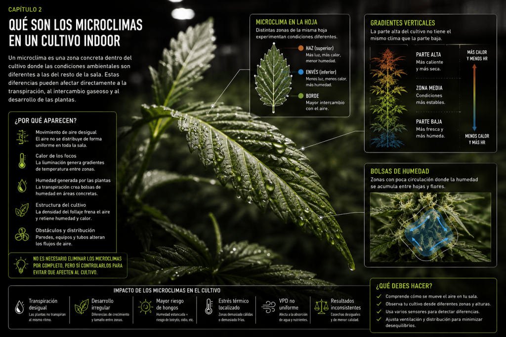 Qué son los microclimas en un cultivo indoor y por qué aparecen diferencias ambientales entre distintas zonas del cultivo.