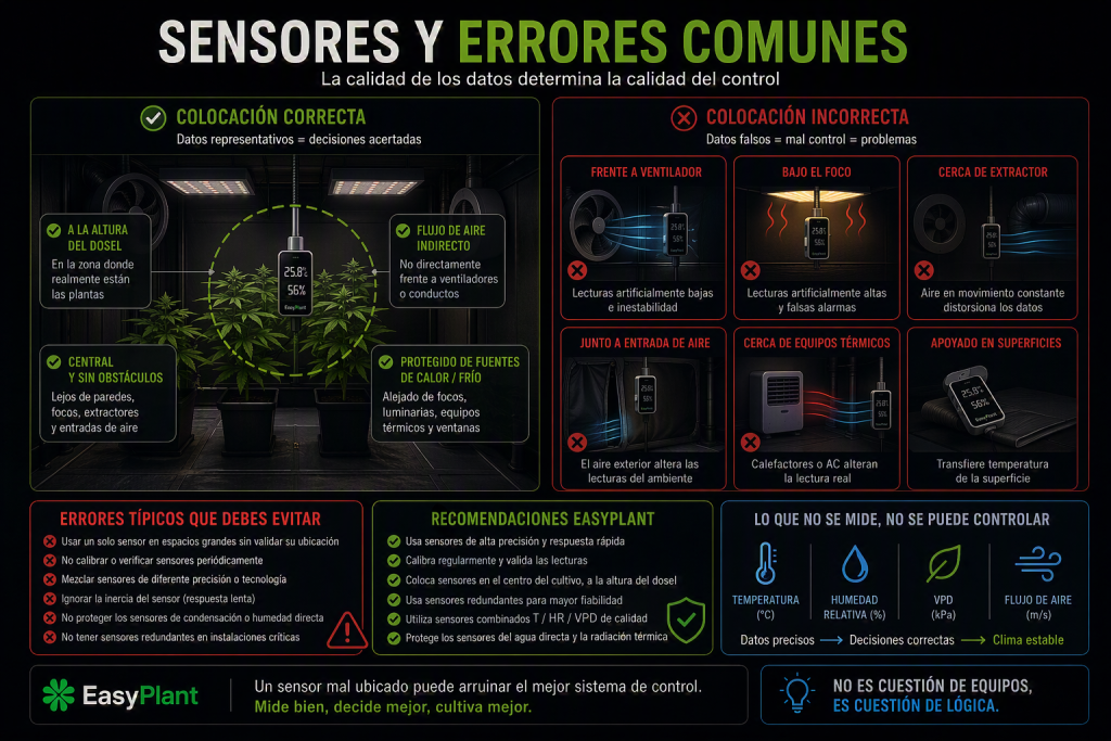 Ejemplos de colocación correcta e incorrecta de sensores de temperatura y humedad en un cultivo indoor.