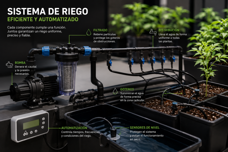 Diseño de sistema de riego eficiente para cultivo interior con bomba, filtrado, distribución y automatización.