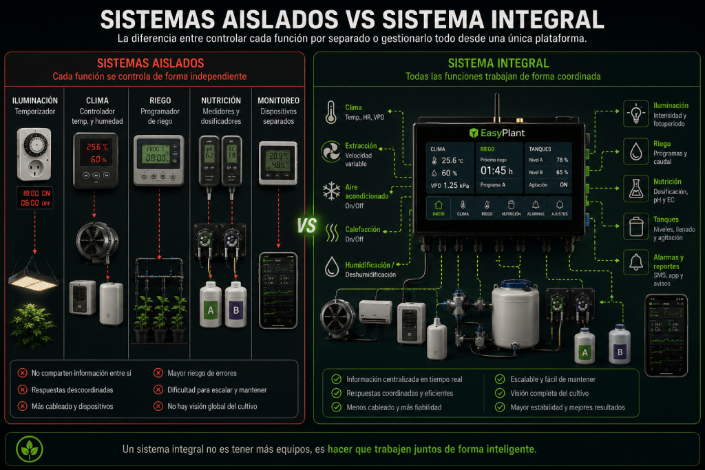Comparación entre sistemas de automatización aislados y un sistema integral de cultivo interior que coordina iluminación, clima, riego, nutrición, gestión de tanques y alarmas desde una única plataforma.