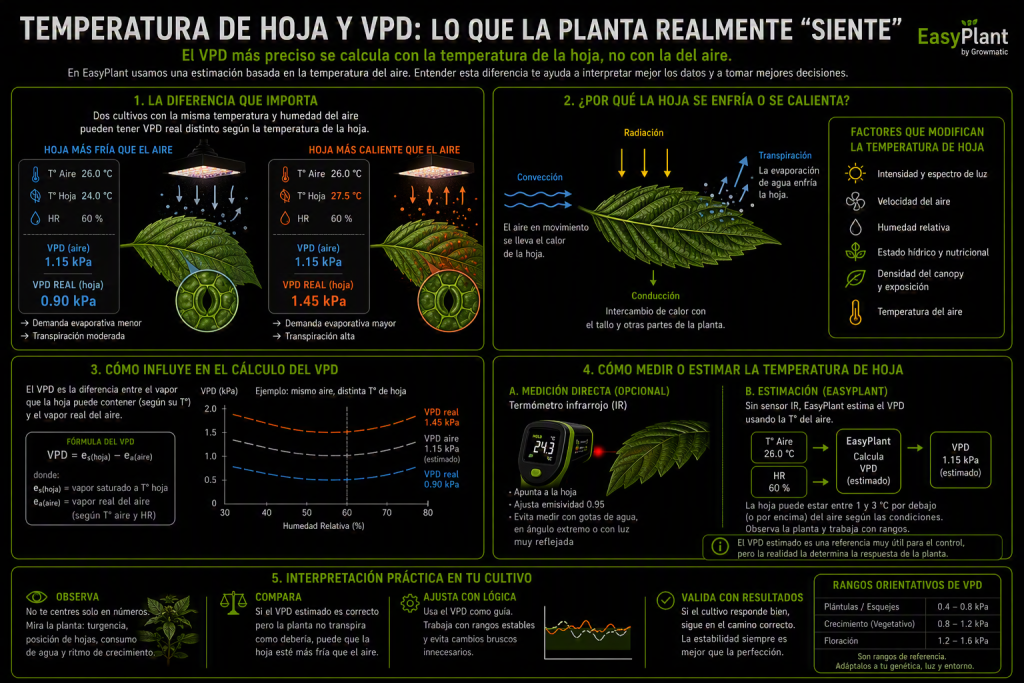 Resumen visual sobre la relación entre la temperatura de la hoja, la temperatura del aire y el VPD en un cultivo de cannabis.