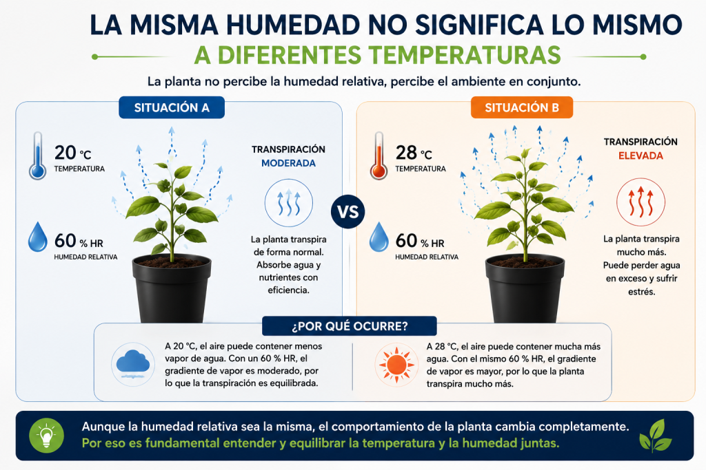 Comparación de dos plantas con la misma humedad relativa pero diferentes temperaturas, mostrando cómo cambia la transpiración y el comportamiento de la planta.