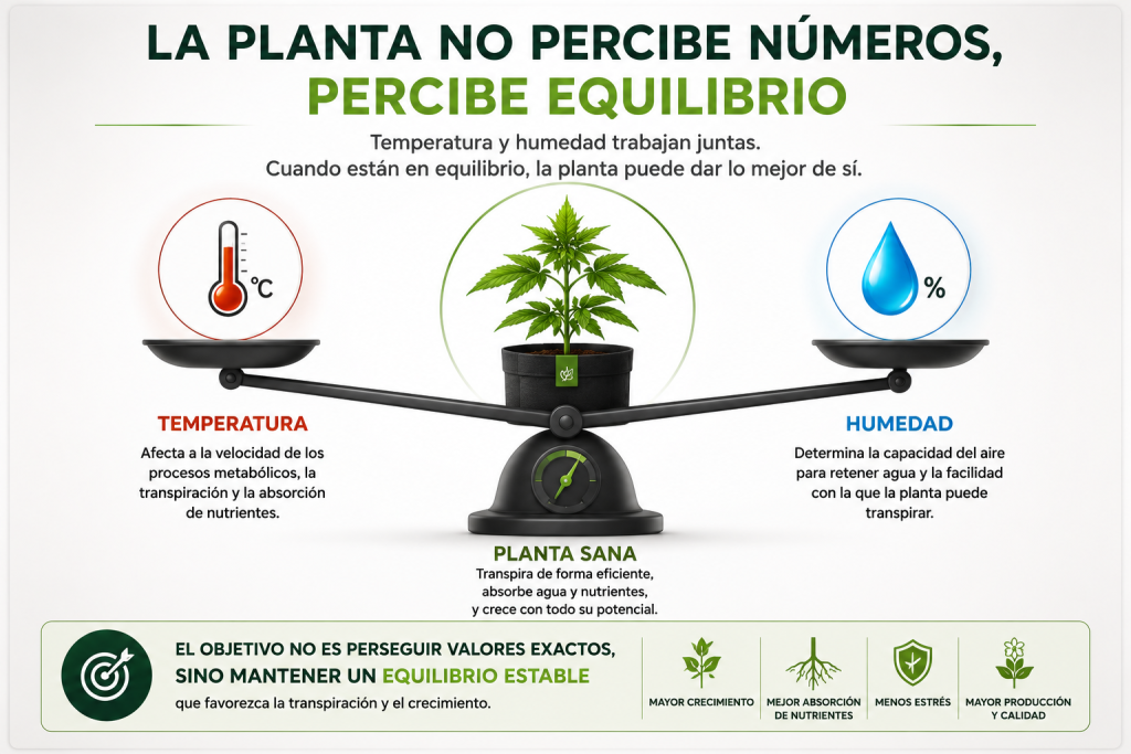 Equilibrio entre temperatura y humedad en cultivo interior mostrando cómo ambas variables influyen conjuntamente en la transpiración, absorción de nutrientes y crecimiento de la planta.