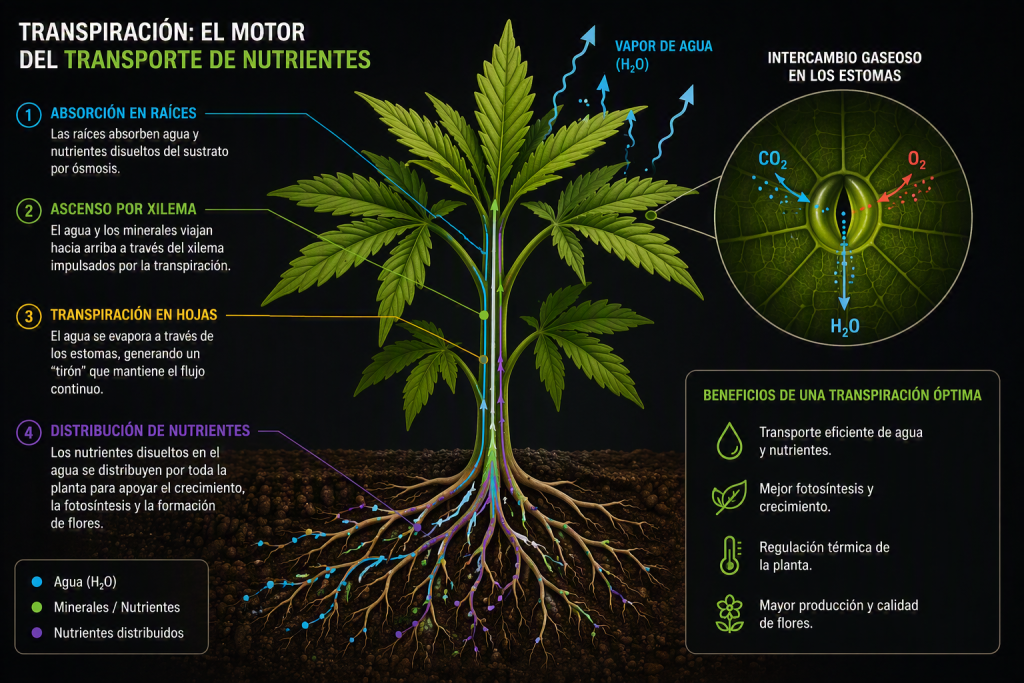 Transpiración y transporte de nutrientes en una planta de cannabis
