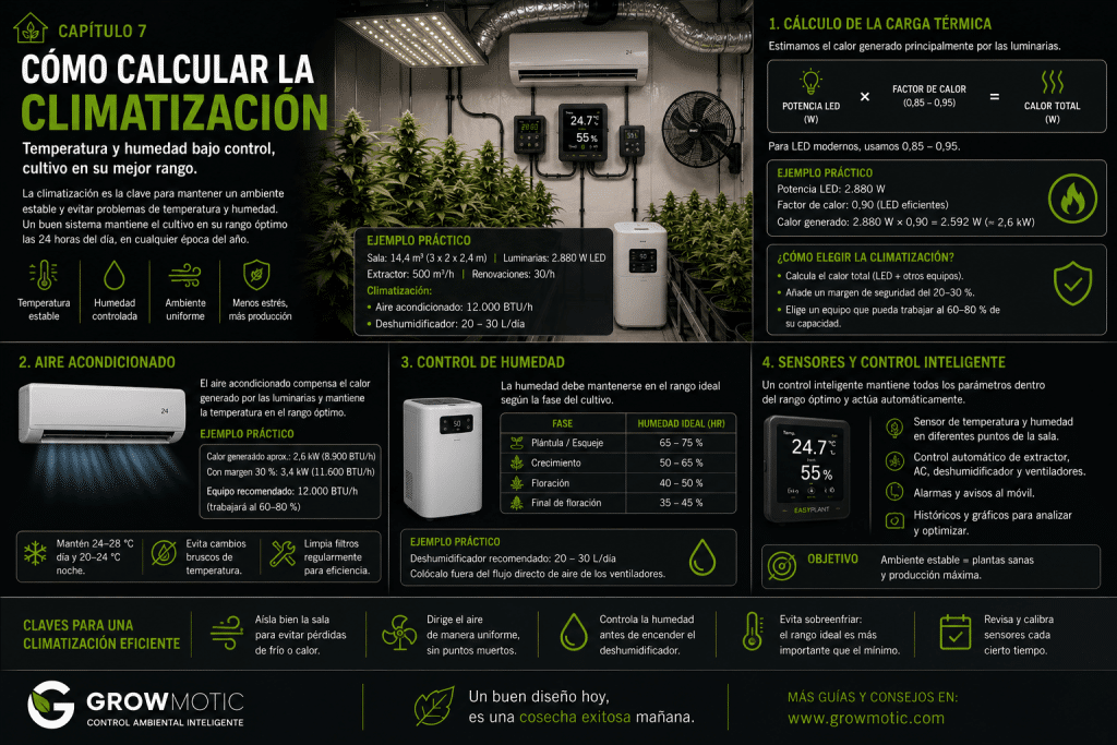 Infografía para calcular la climatización y el aire acondicionado necesarios en una sala de cultivo indoor.