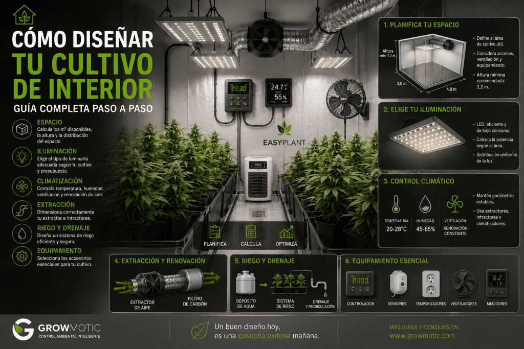 Diseño de un cultivo de interior con iluminación LED, climatización, ventilación y riego automático.