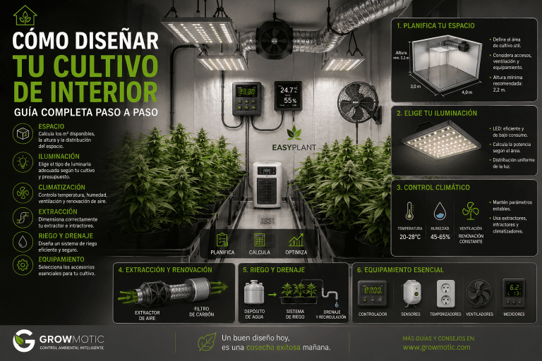 Diseño de un cultivo de interior con iluminación LED, climatización, ventilación y riego automático.