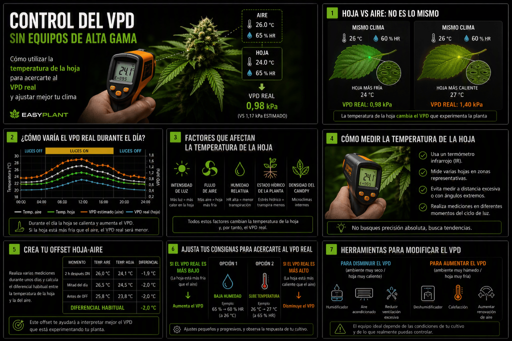 Guía para medir la temperatura de la hoja, calcular el diferencial hoja-aire y ajustar el control del VPD.