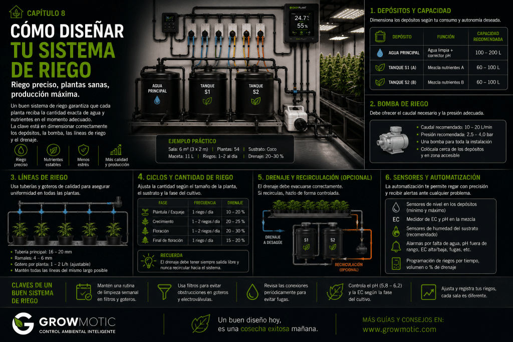 Diseño de un sistema de riego automático con depósitos, bomba y distribución para un cultivo indoor.